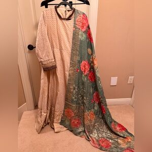 Elegant Cream banarasi Anarkali Dress with Green Floral Dupatta